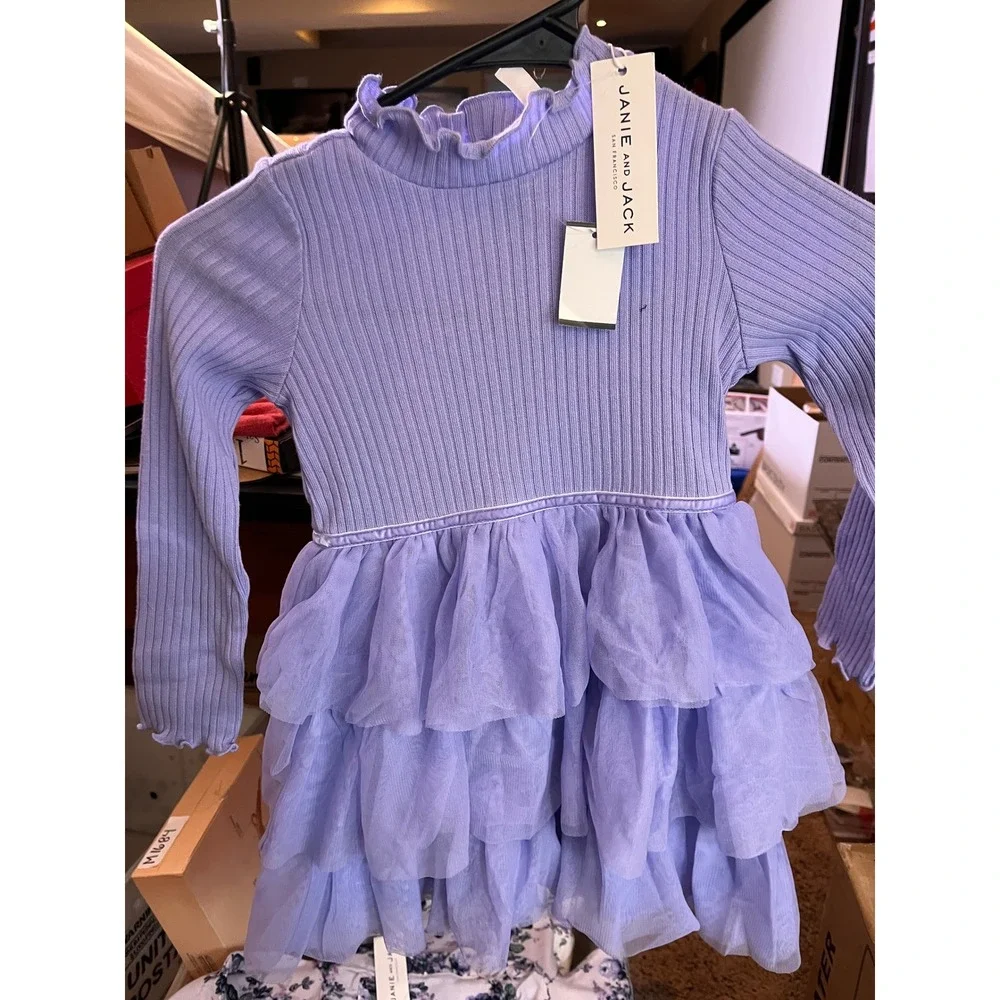 Janie‎ and Jack Purple Tiered Tulle Dress Girls 5 NEW w/ Tags Ribbed Long Sleeve